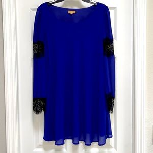 Formal Blue Dress with Black Lacey Sleeves